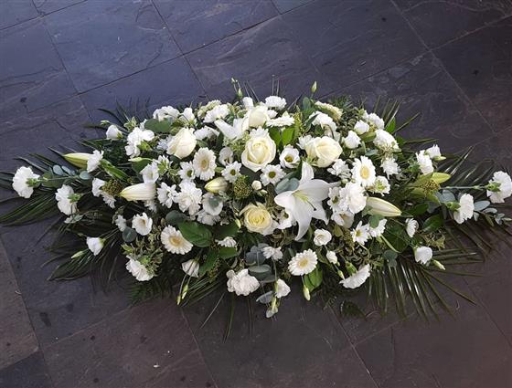 All White Casket Spray - Funeral Flowers St Helens